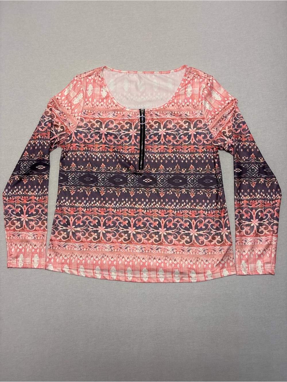 SHEIN Coral and Navy Patterned Long Sleeve Zip Top